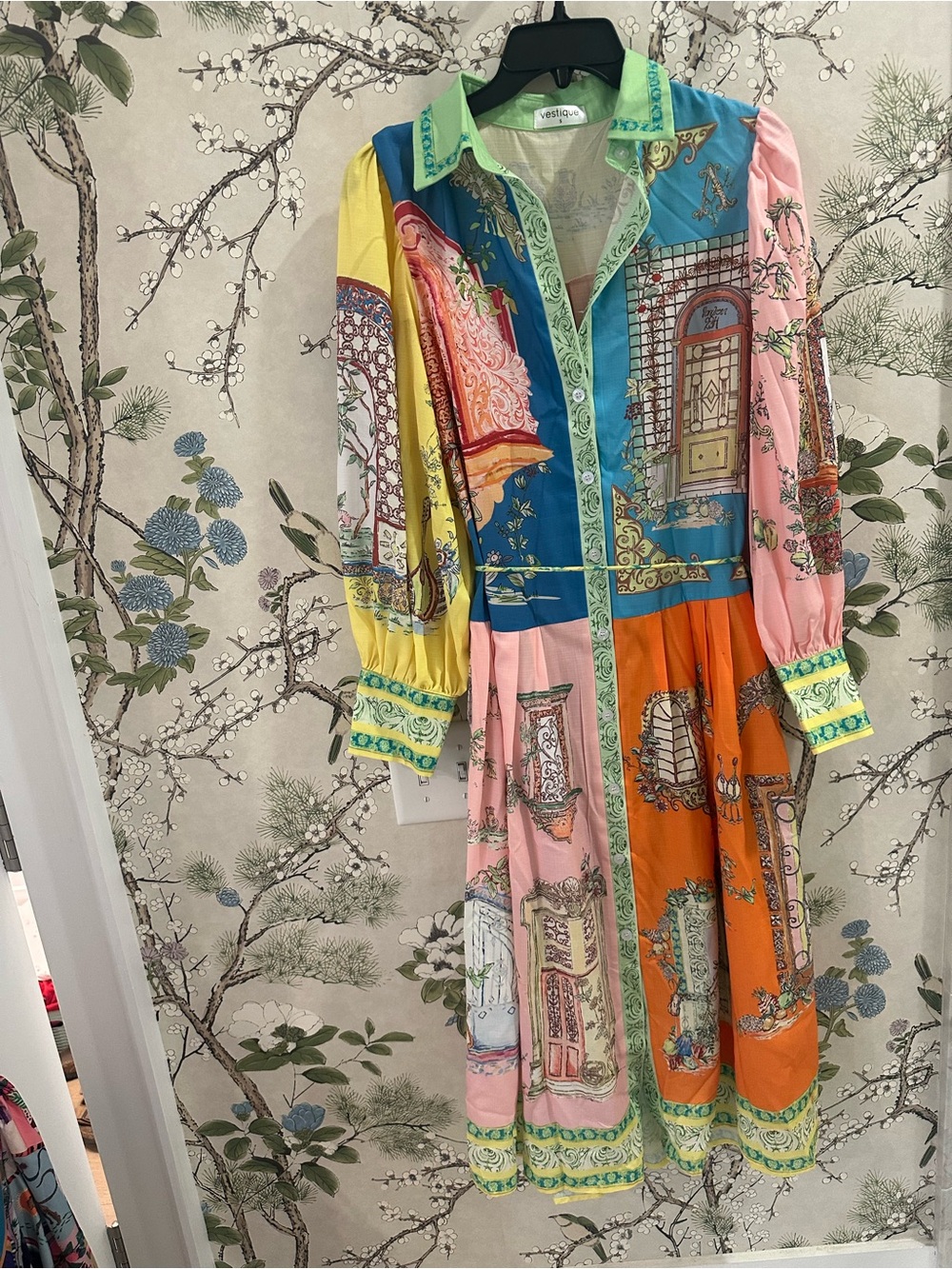 Vestique Streets of Rome Dress Printed Midi Shirt Dress in Pink, Orange & Blue